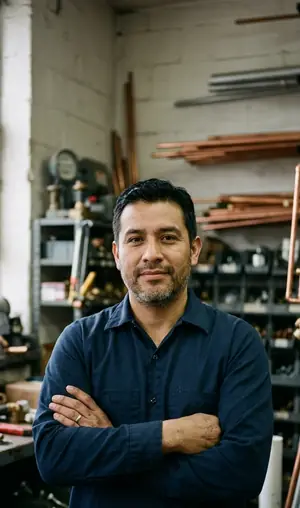 Portrait of the senior service technician with folded arms in the shop store room