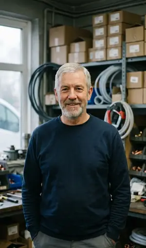 Portrait of the founder, a silver-haired plumber, in the shop store room