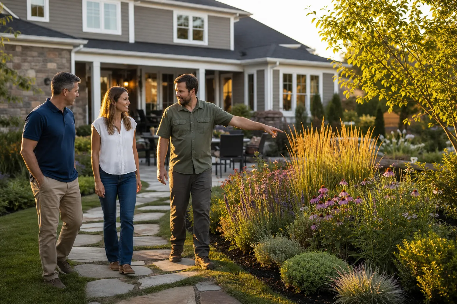 Crew lead walking a homeowner couple through their finished backyard garden