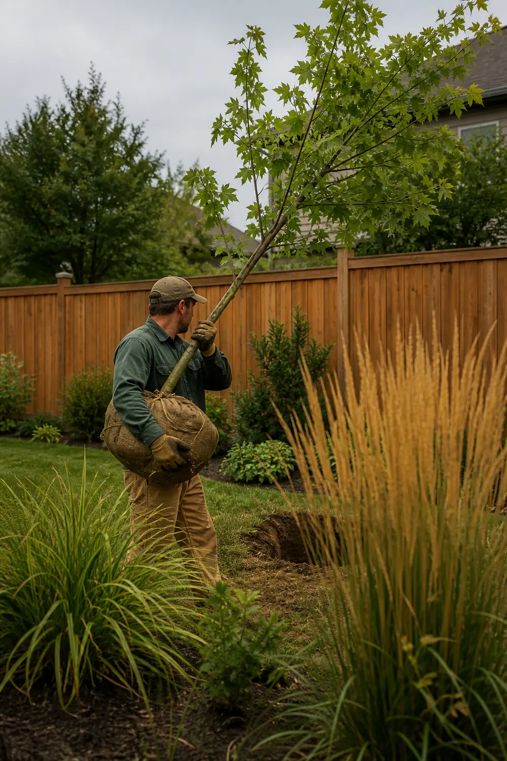 Landscaper carrying a burlap-wrapped young maple across a backyard to its planting hole