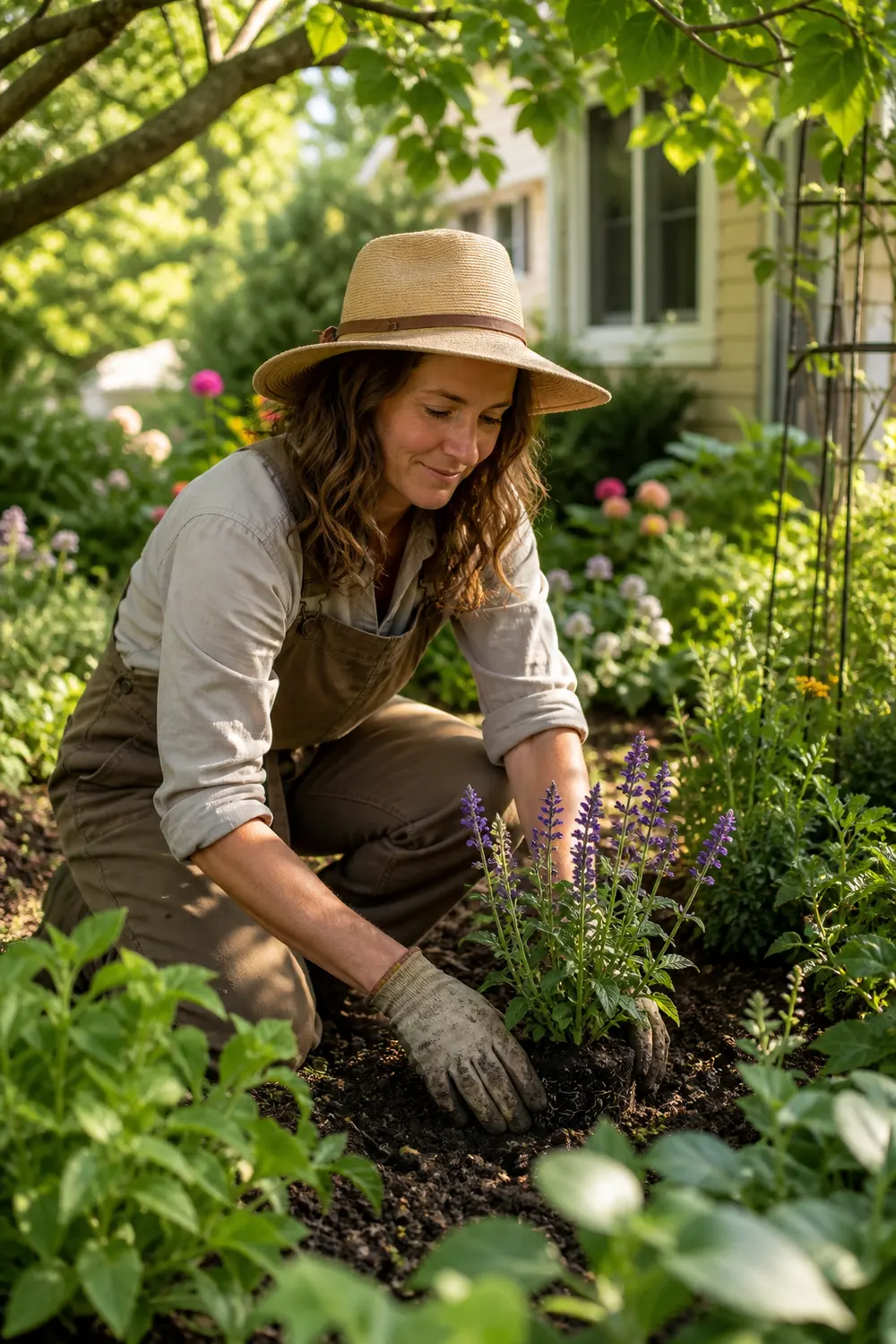 Landscaper in a wide-brim hat planting salvia in a perennial border