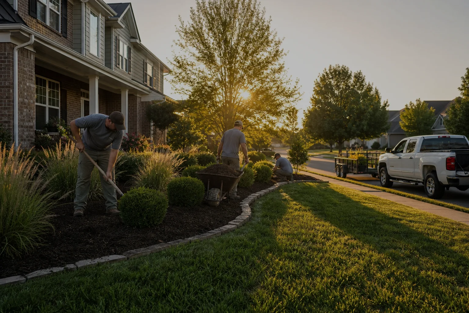 Landscaping crew mulching new beds of grasses and boxwoods in a front yard at golden hour, with their pickup and plant trailer at the curb