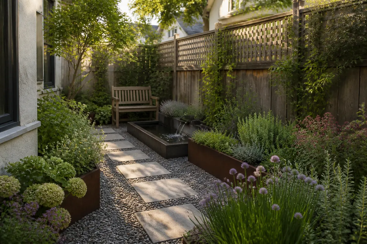 Narrow side-yard courtyard with a gravel path, steel planters, a water feature and a bench