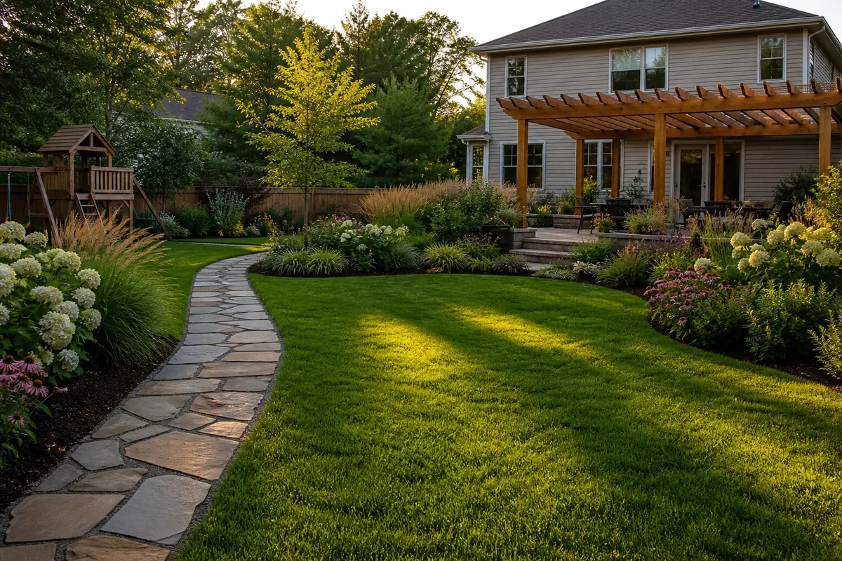 Finished family backyard with a flagstone path, new lawn, planted beds and a cedar pergola