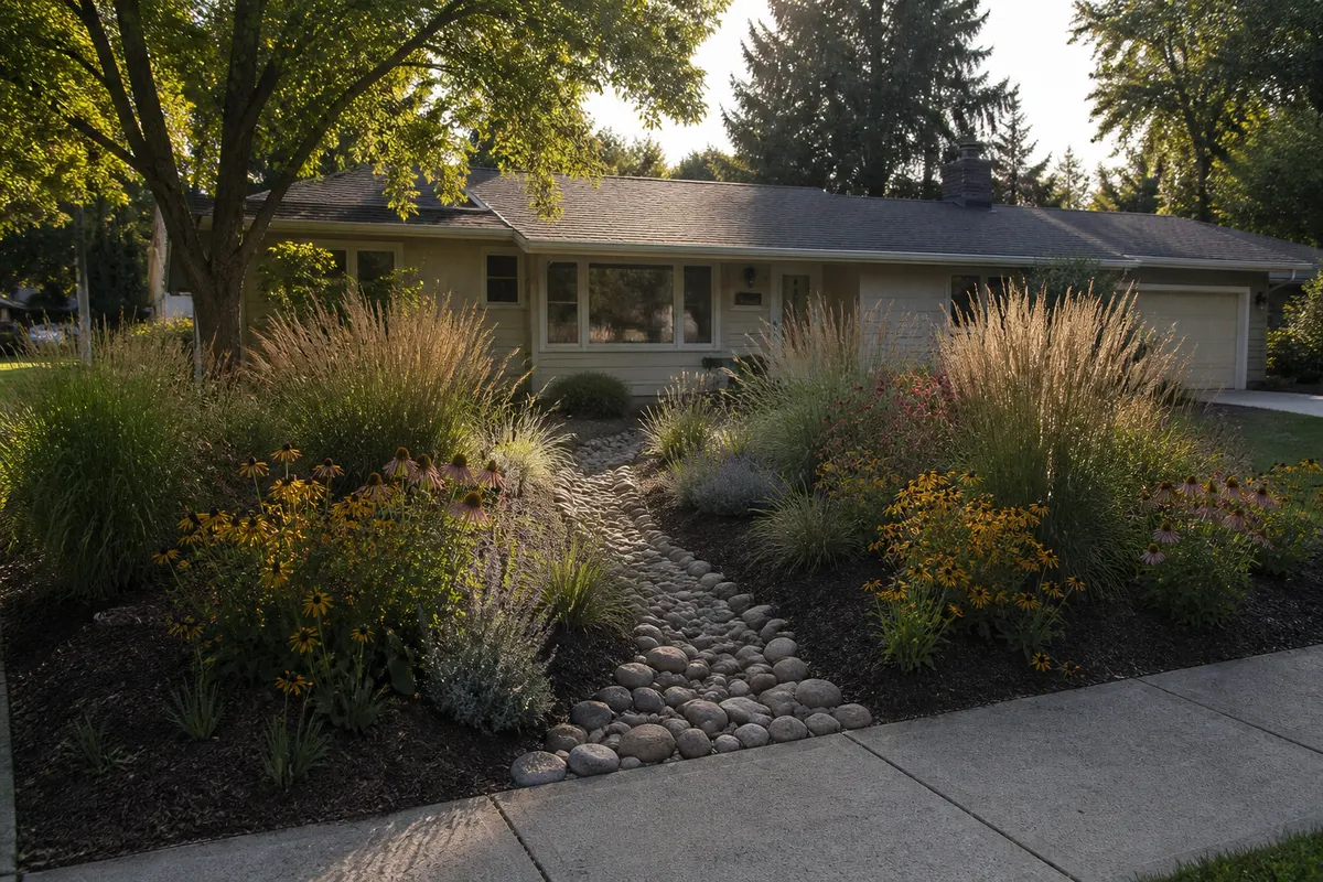 Ranch home front yard replanted with native grasses, coneflowers and a river rock dry creek