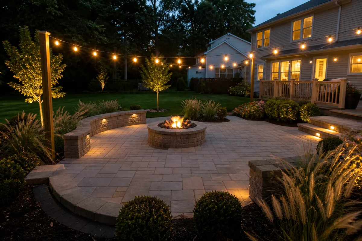 Paver patio with a fire pit and string lights at dusk
