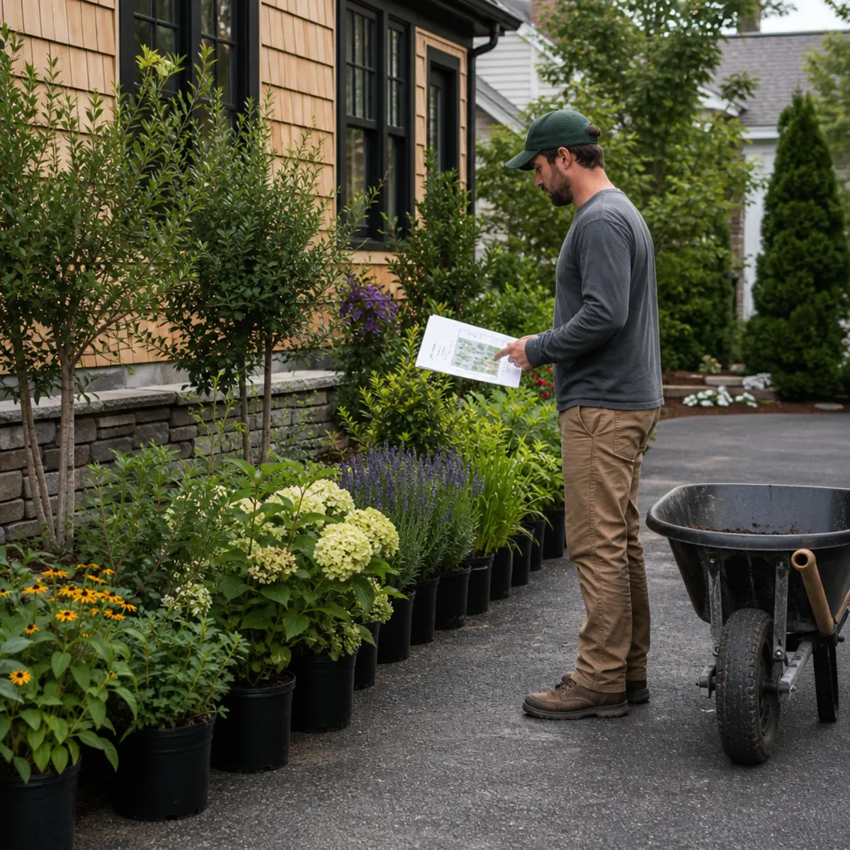 Crew member checking potted shrubs against a planting plan before planting
