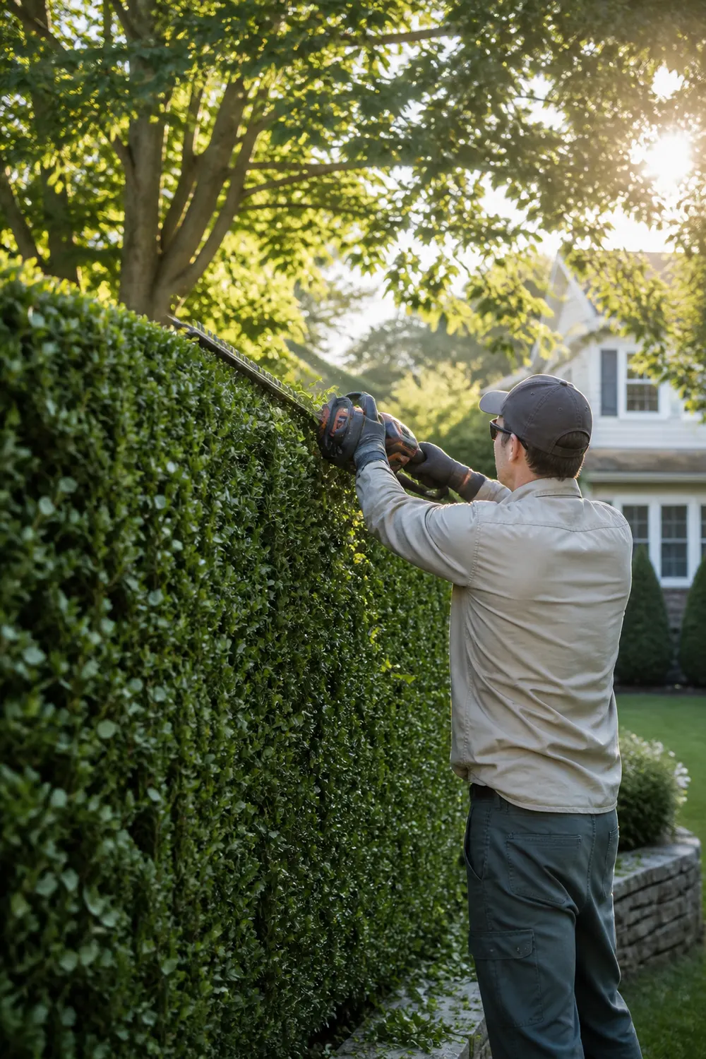 Landscaper trimming a tall boxwood hedge with electric shears