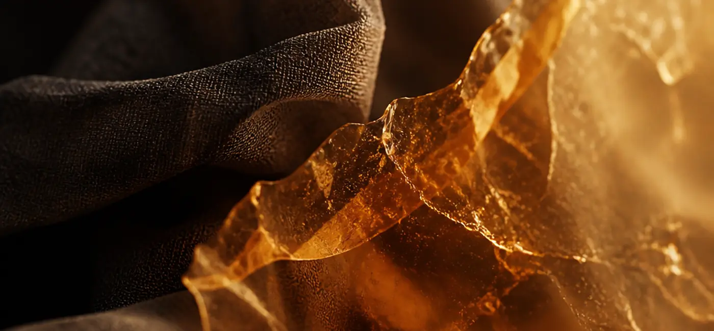 Charcoal linen behind a sheet of translucent amber resin
