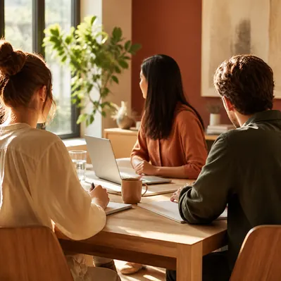 Three colleagues working through a plan at a sunlit table