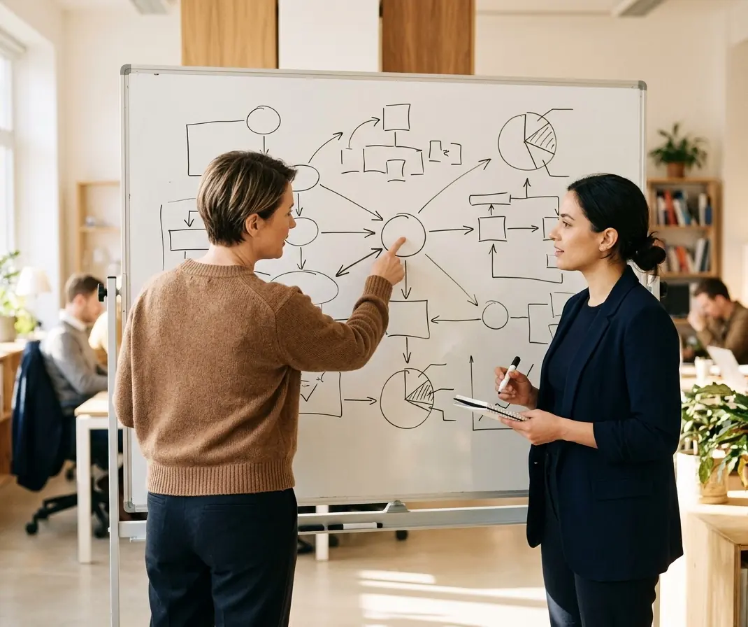 Two consultants working through charts at a whiteboard