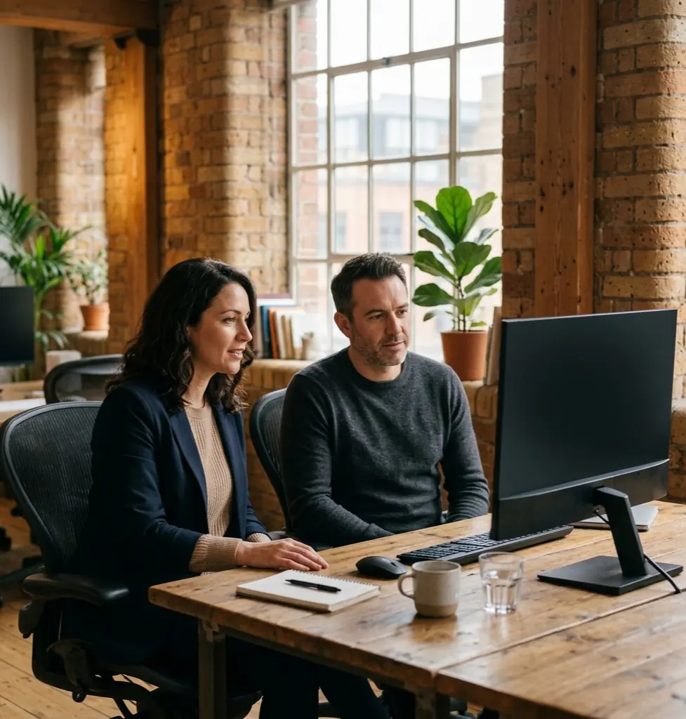 Two colleagues reviewing figures on a monitor in a loft office