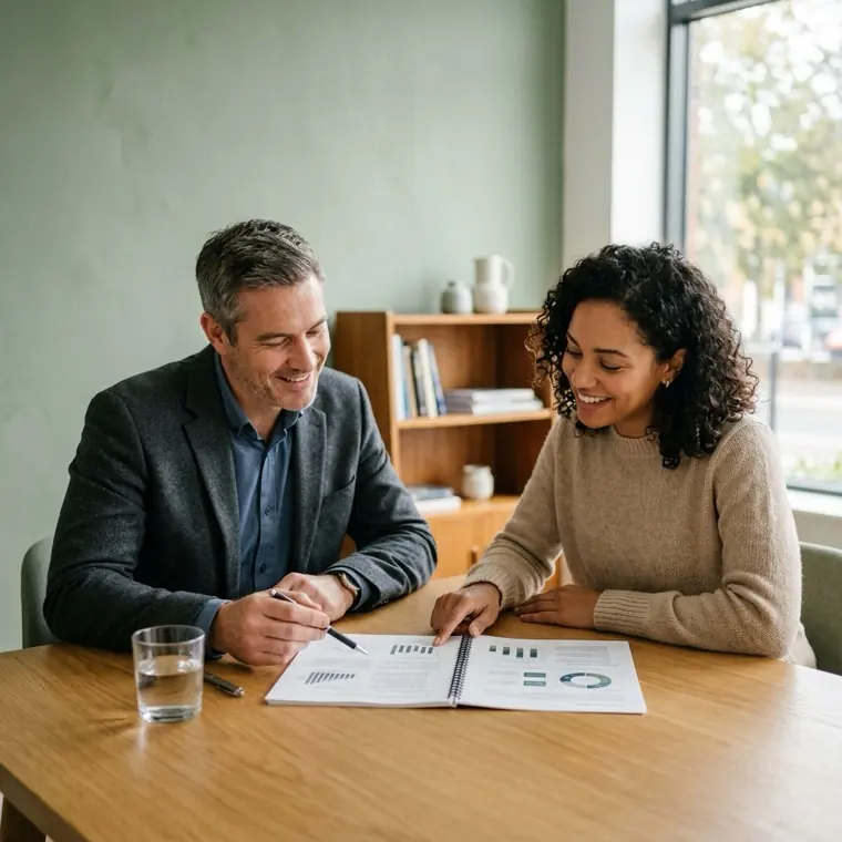 A consultant and a client reading a printed report together in a bright meeting room