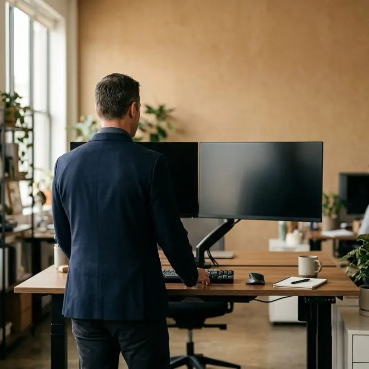 An operations manager working at a desk with two monitors in a warm office