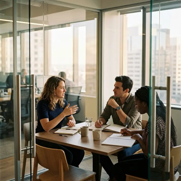 Three colleagues discussing notes in a small glass walled meeting room