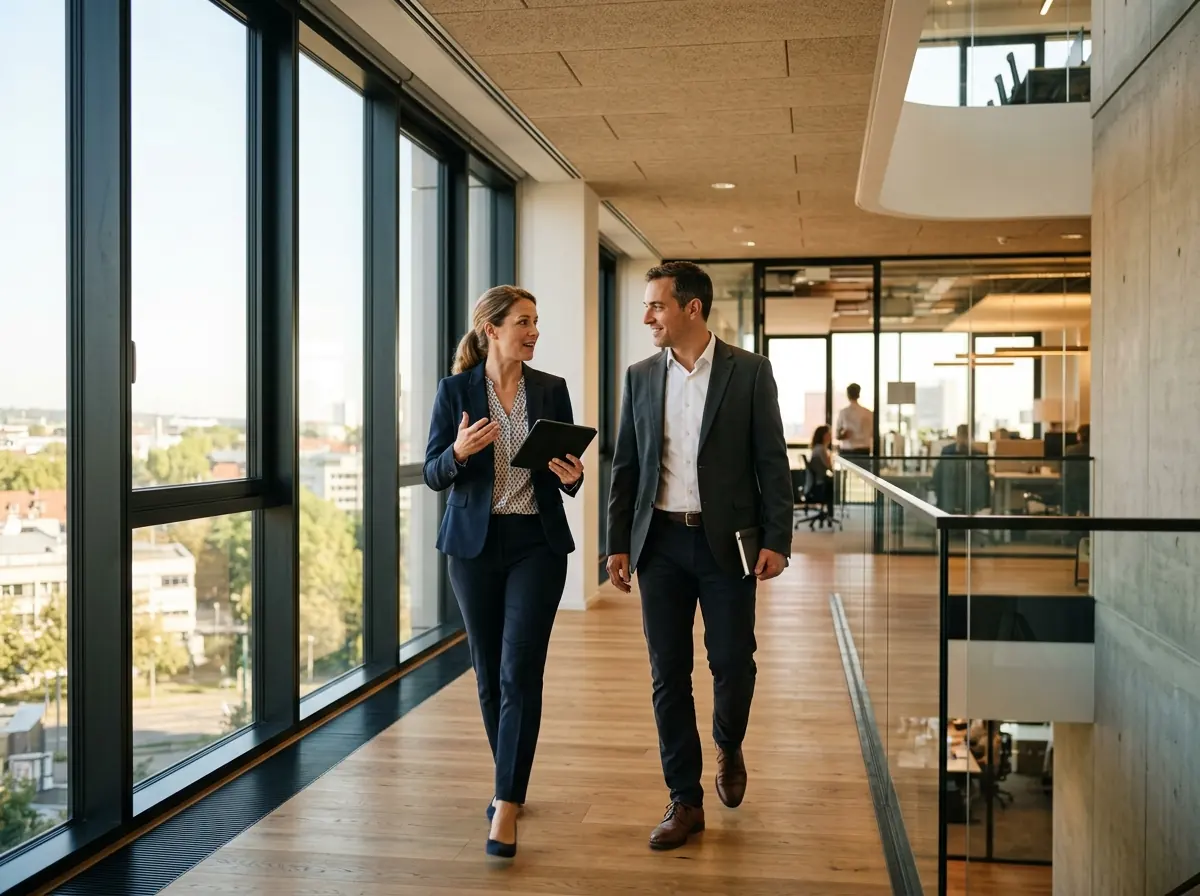 Two consultants walking and talking along an office corridor