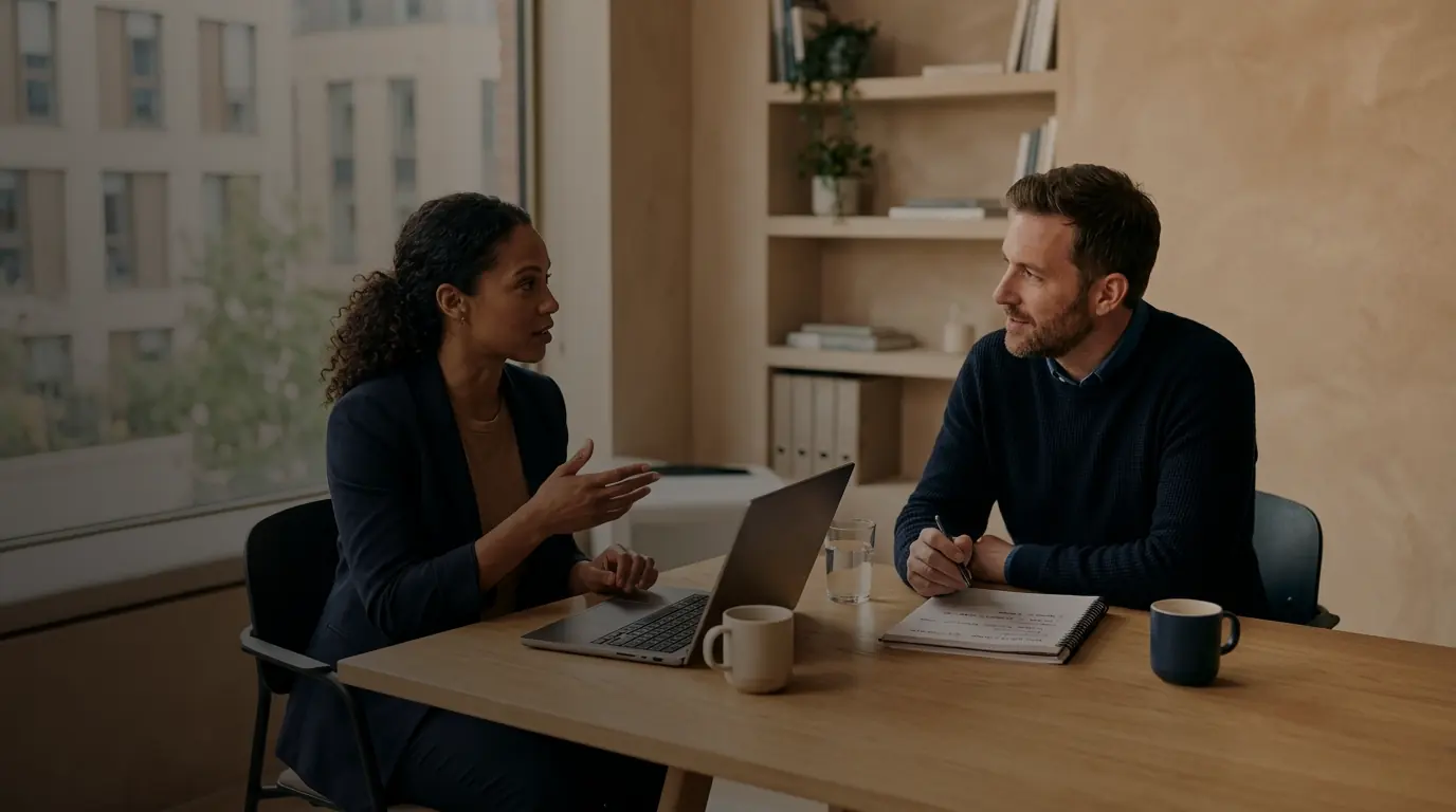 Two consultants talking across a meeting table in a warm office