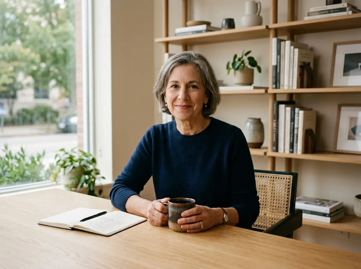 A consultant with a mug reviewing notes at a light wood desk