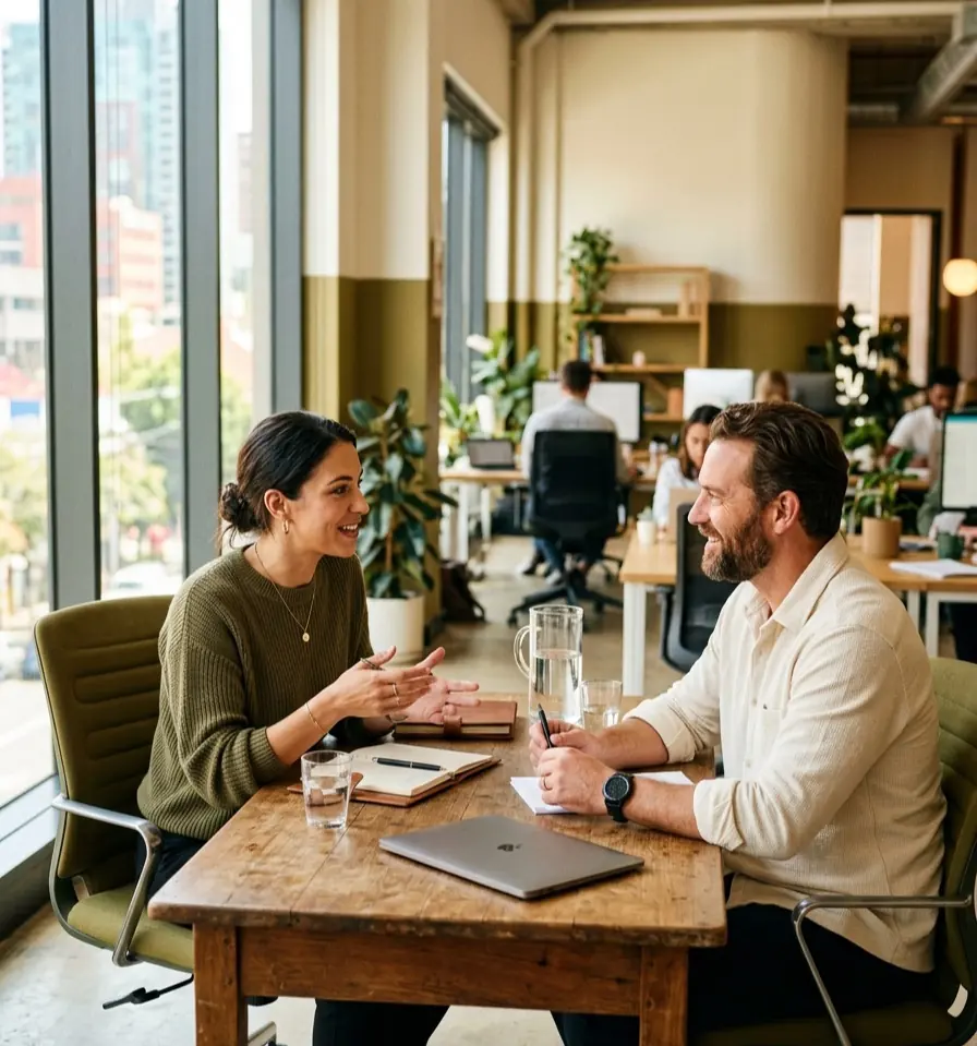 A consultant and a business owner talking across a table