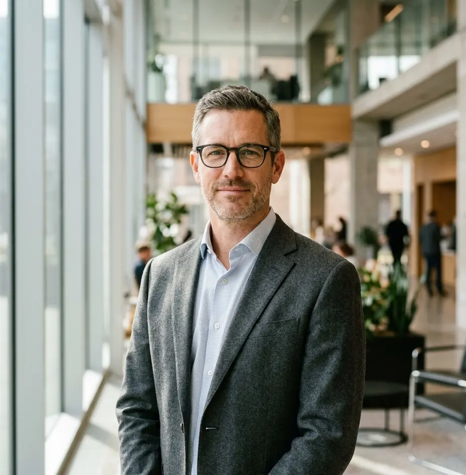 Portrait of a managing partner in a charcoal blazer in an office lobby