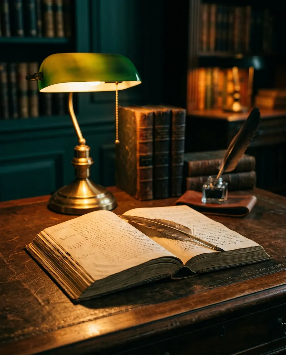An open law book under a brass desk lamp