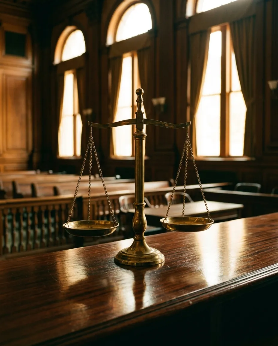 A brass balance resting on an empty courtroom rail