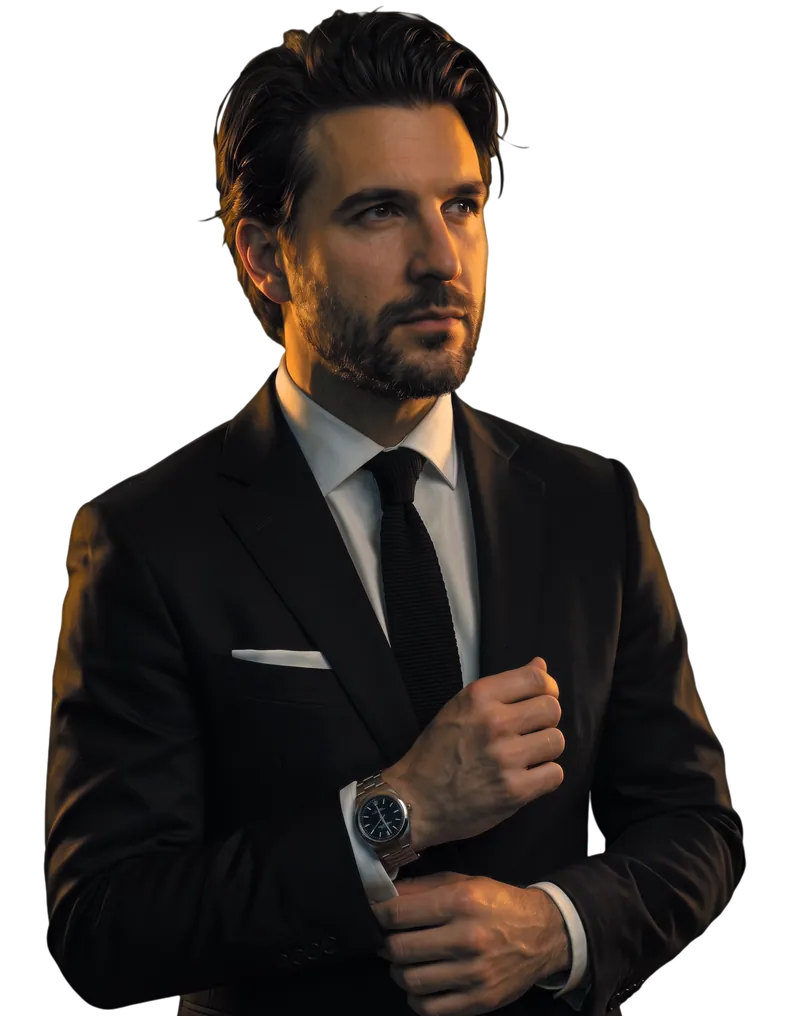 Graham Thornbury, attorney, in a dark suit adjusting his cuff