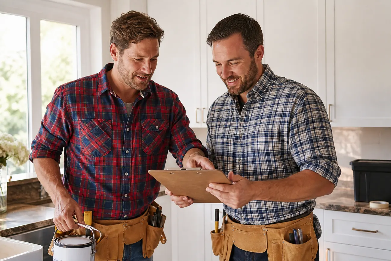Two Hollis technicians in plaid shirts reviewing a job sheet in a client's kitchen