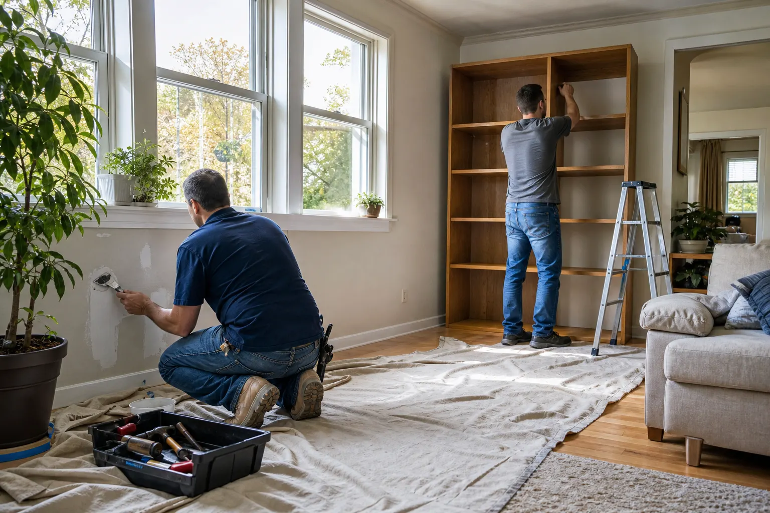 Two Hollis technicians at work in a living room, one patching drywall under a window and one assembling an oak bookshelf