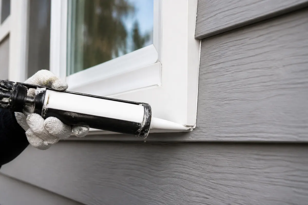 Gloved hand running a bead of white caulk along exterior window trim