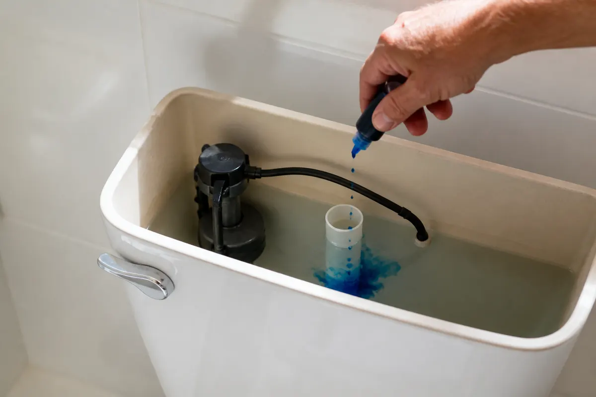 Blue food colouring spreading in the water of an open toilet tank
