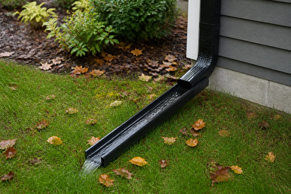 A black downspout extension carrying water across a lawn away from a house foundation