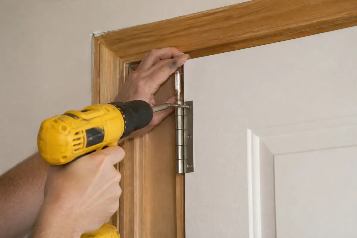 Hands driving a long screw into the top hinge of a white interior door with a cordless drill