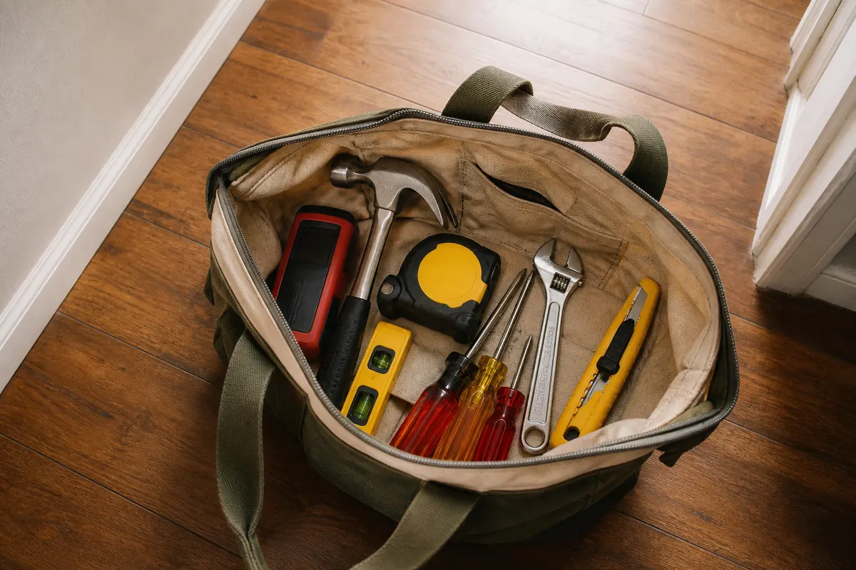 An open canvas tool bag on a hallway floor holding a hammer, screwdrivers, tape, wrench, knife, stud finder and level