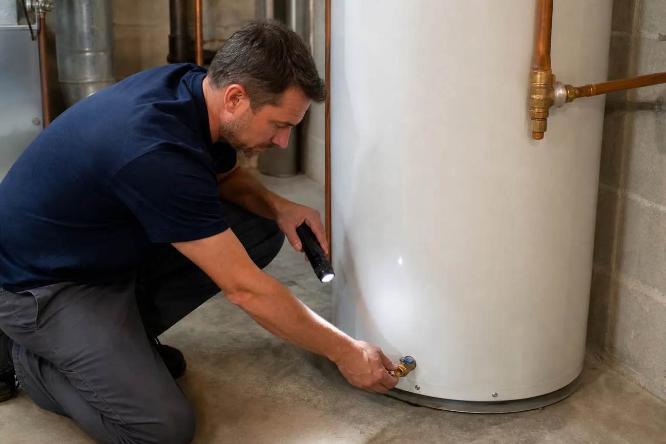Technician checking the valve on a water heater with a flashlight