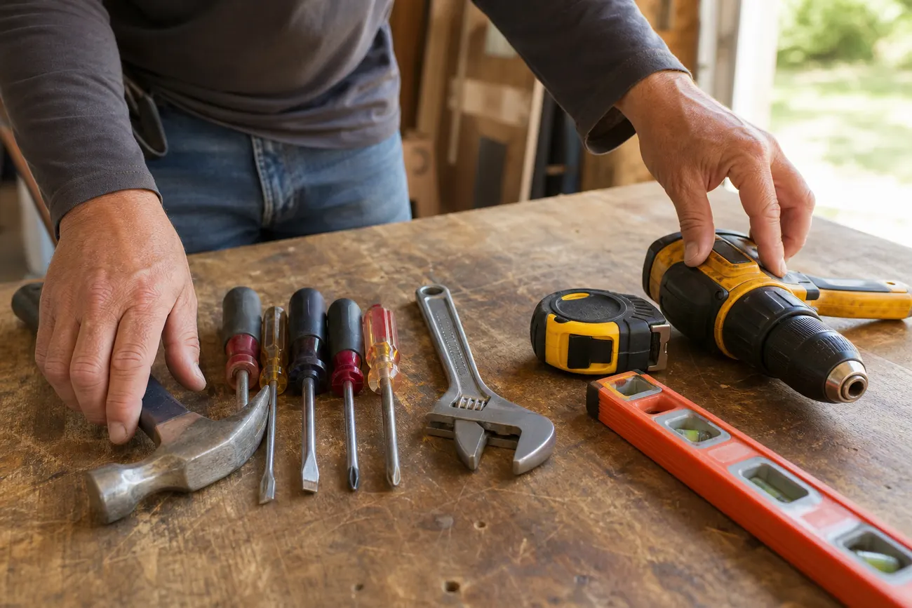 Hands laying out a hammer, screwdrivers, wrench, level and drill on a workbench
