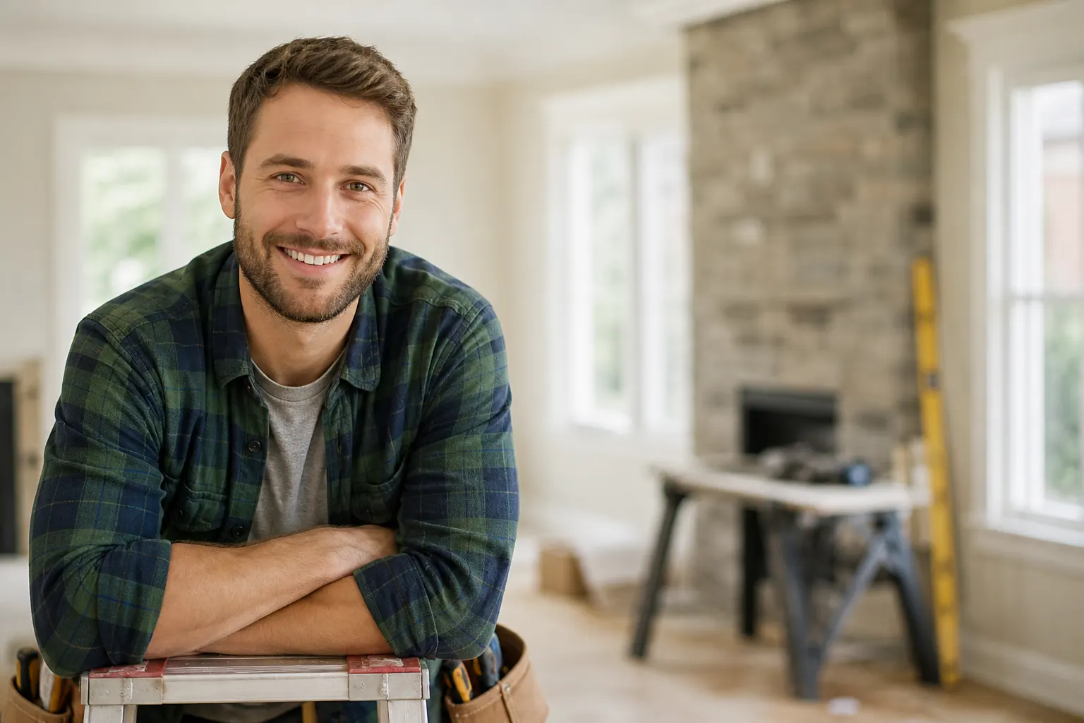 Cheerful technician in a green plaid flannel shirt leaning on his folded arms inside a bright home