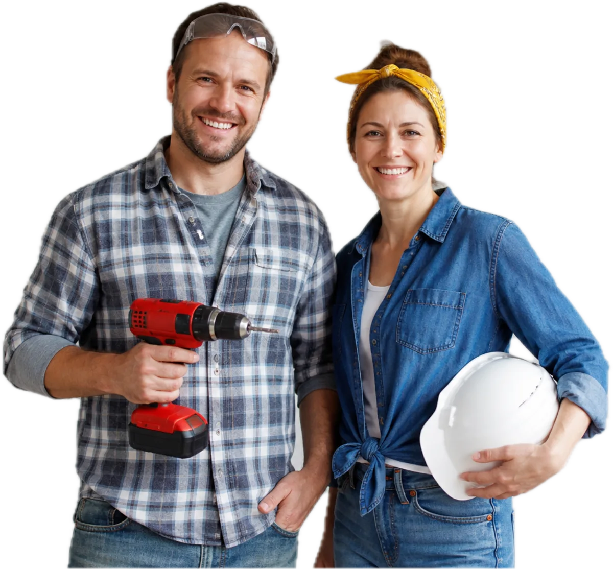Two smiling Hollis technicians, one holding a red cordless drill and one holding a white hard hat