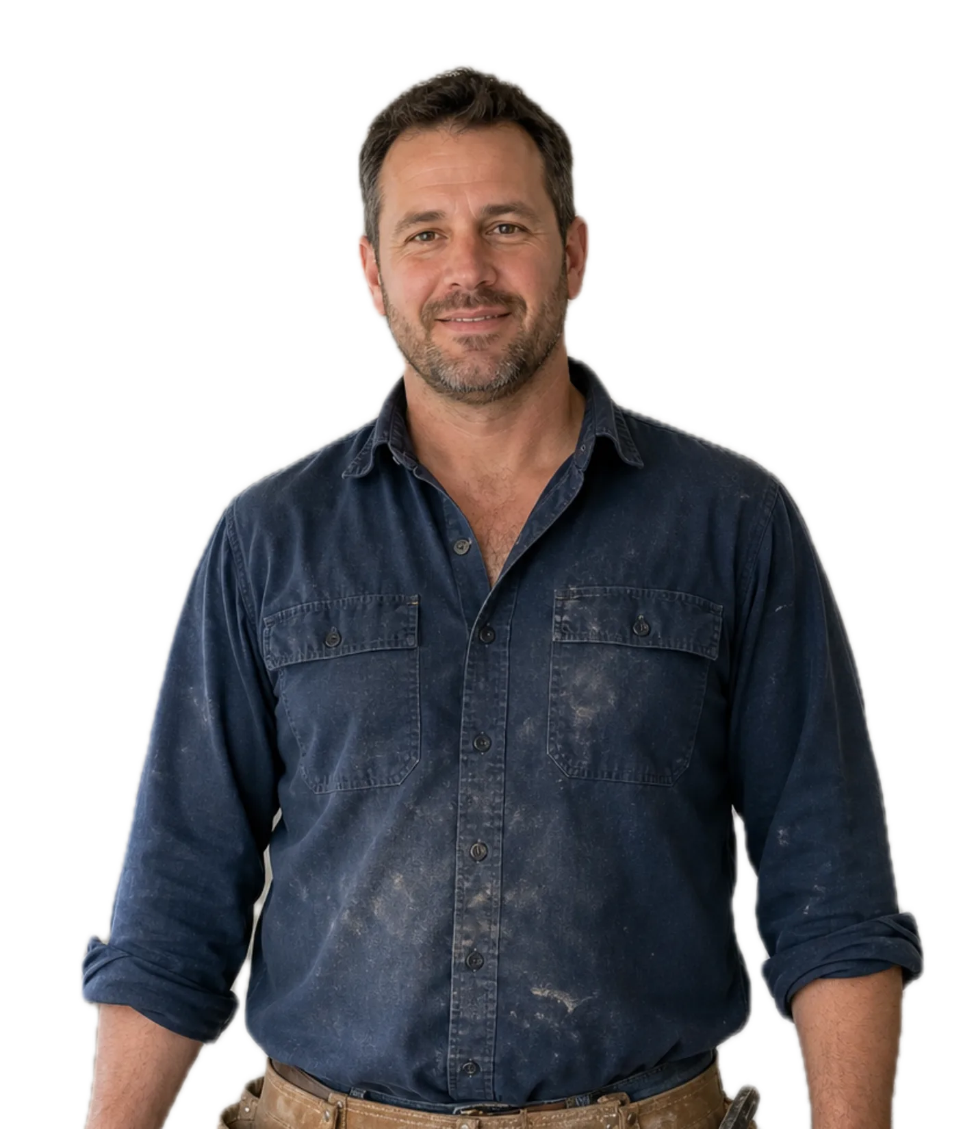 Hollis technician in a dusty navy work shirt, smiling on a job in a client's hallway