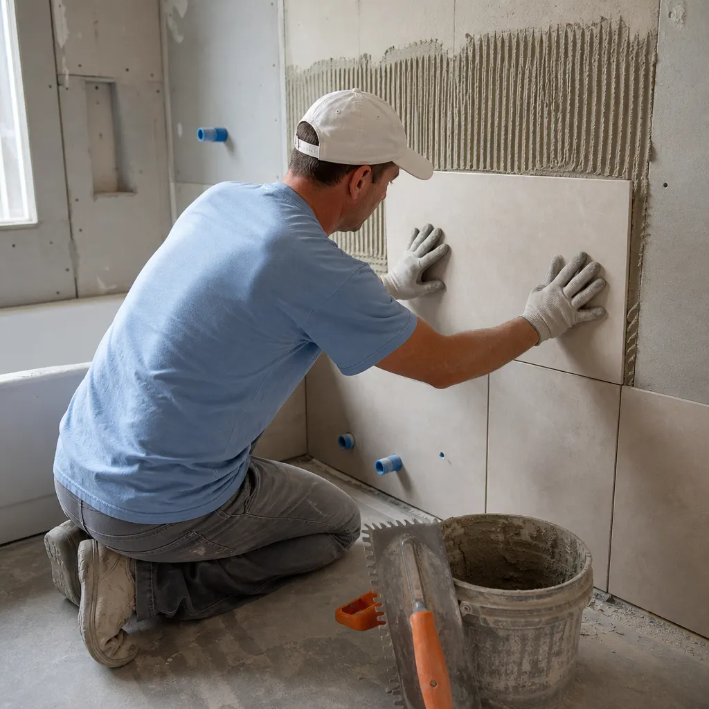Technician pressing a large beige tile onto a bathroom wall