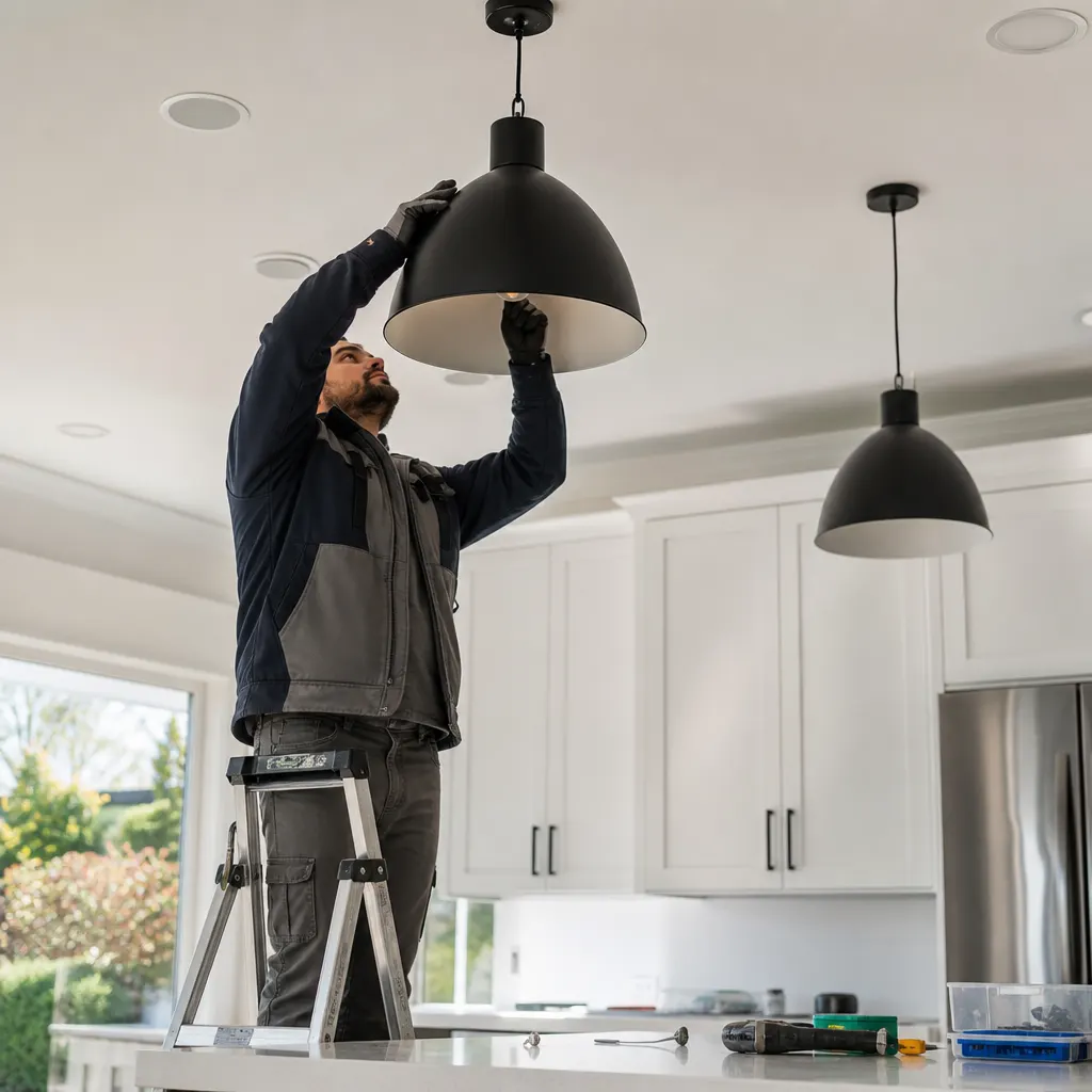 Technician fitting a matte black pendant light above a kitchen island