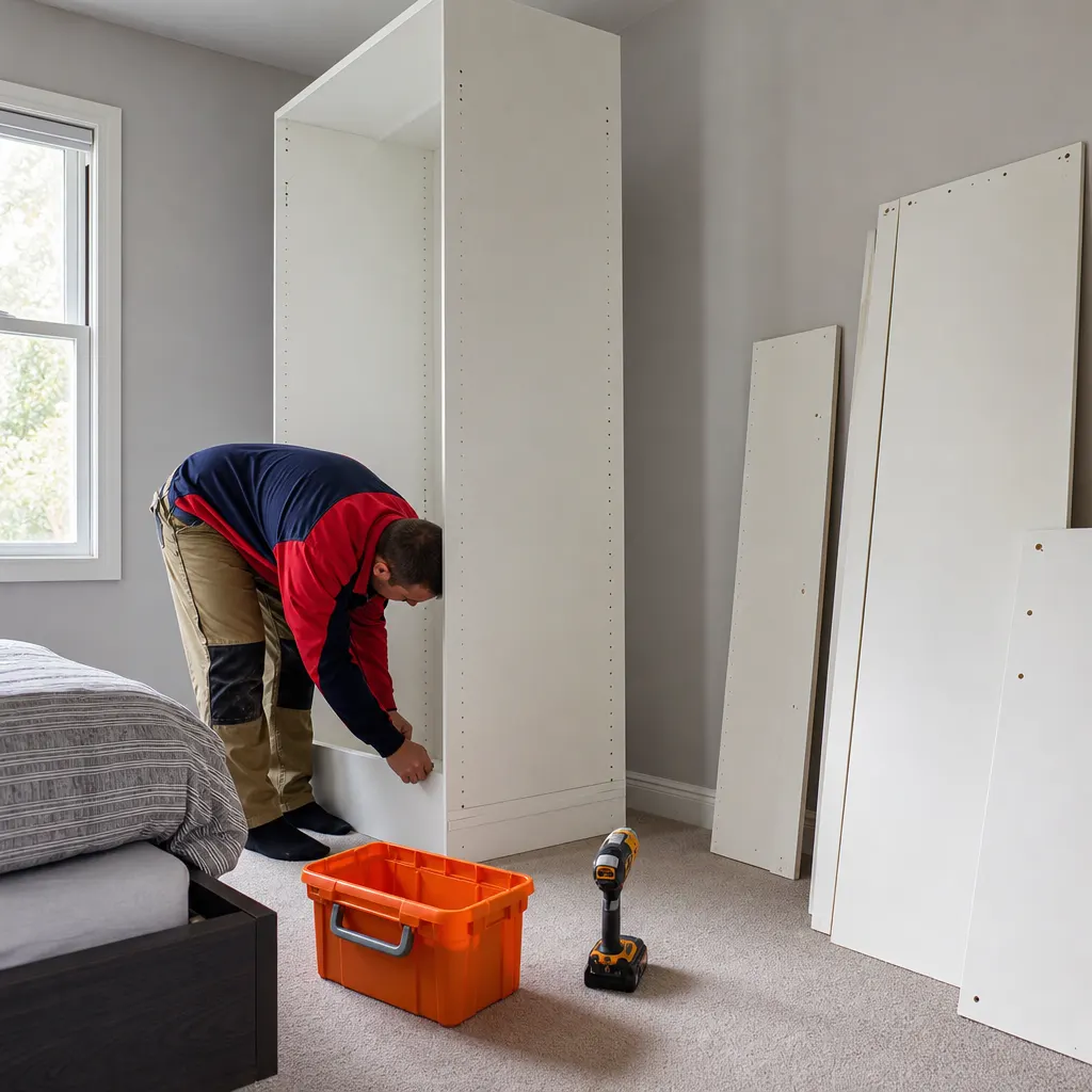 Technician assembling a tall white wardrobe in a bedroom
