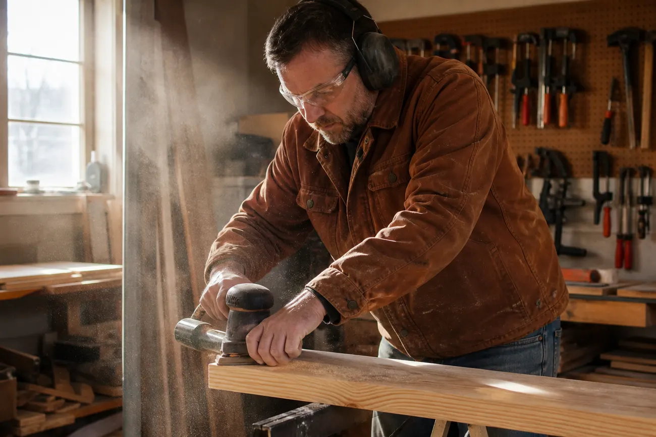 Carpenter sanding a pine board on sawhorses in a garage