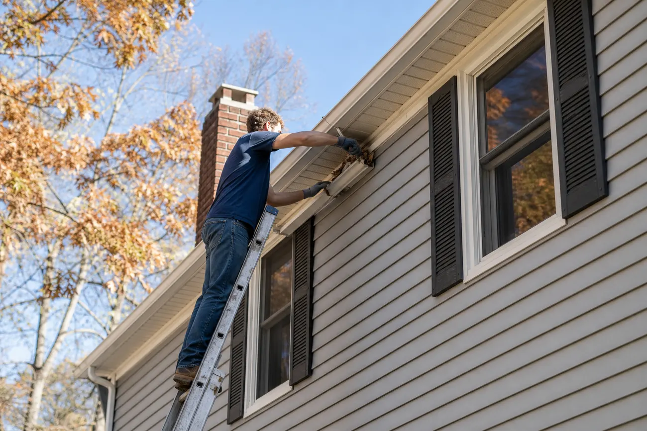 Technician on an extension ladder clearing leaves from the gutter of a two-story house