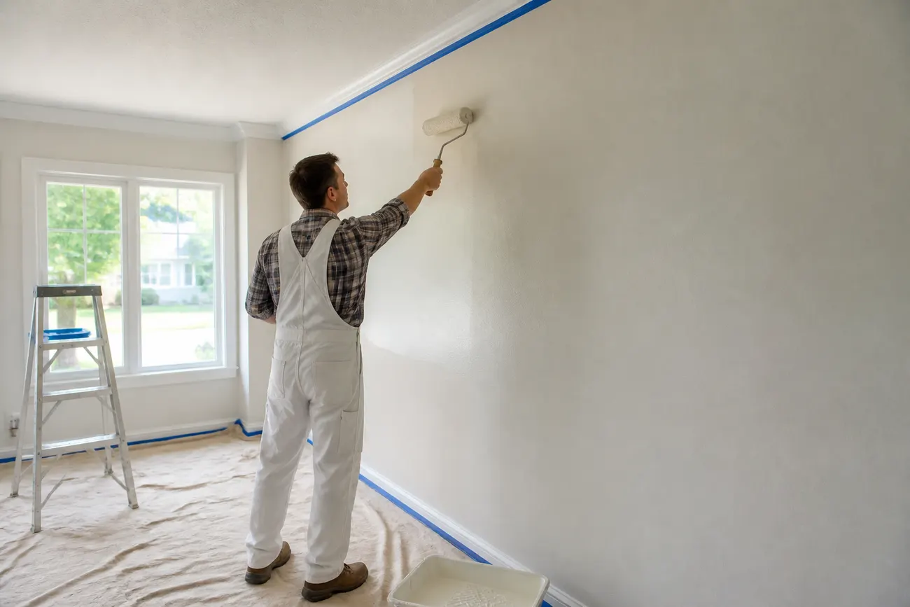 Painter rolling warm white paint onto a living room wall