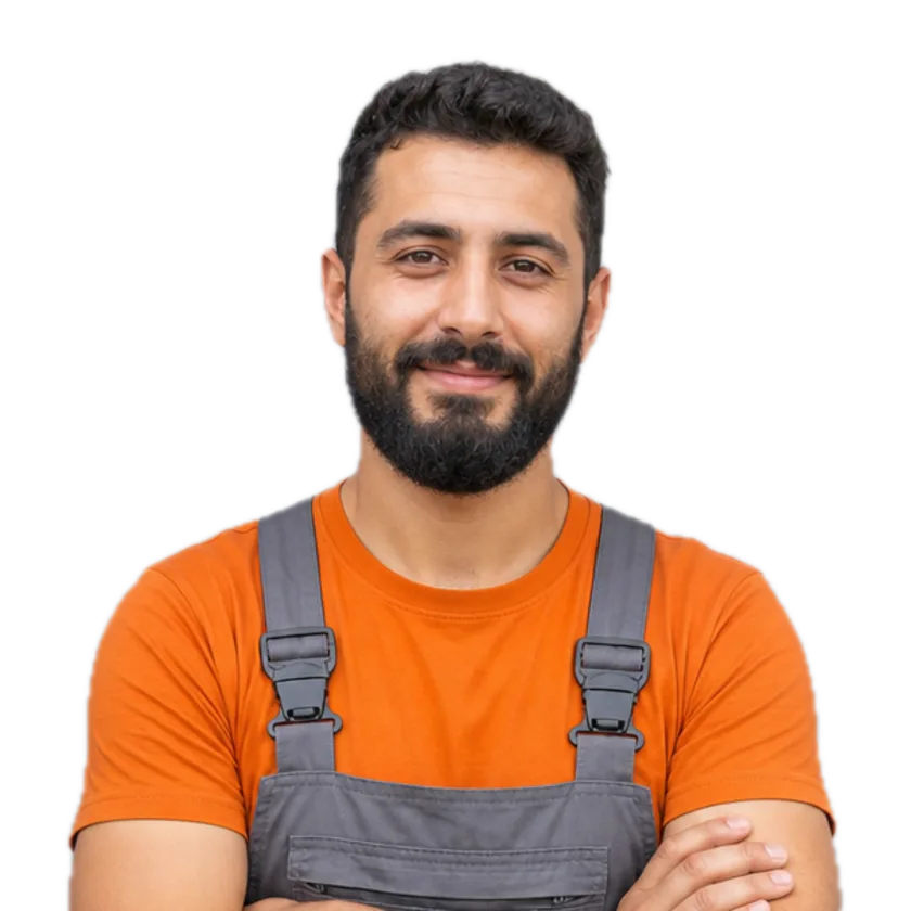 Bearded technician in an orange t-shirt and grey bib overalls, arms crossed