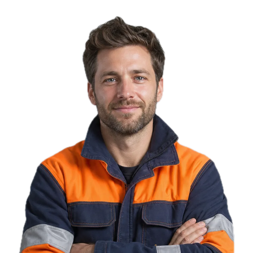 Smiling technician with stubble in a navy and orange hi-vis jacket, arms crossed