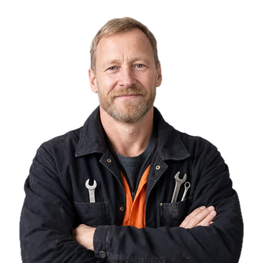 Bearded technician in a black work jacket with tools in the chest pockets