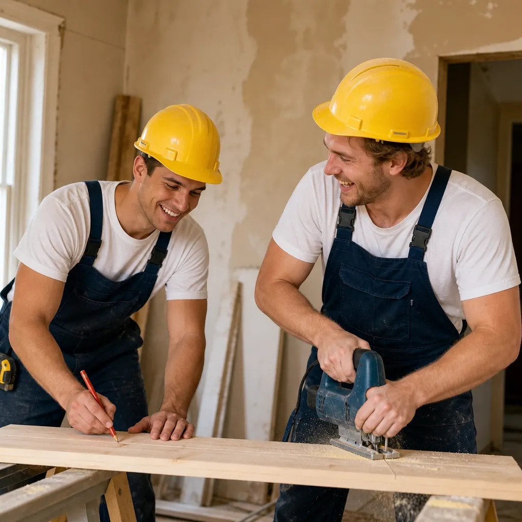 Two technicians in yellow hard hats laughing while cutting a board on a workbench