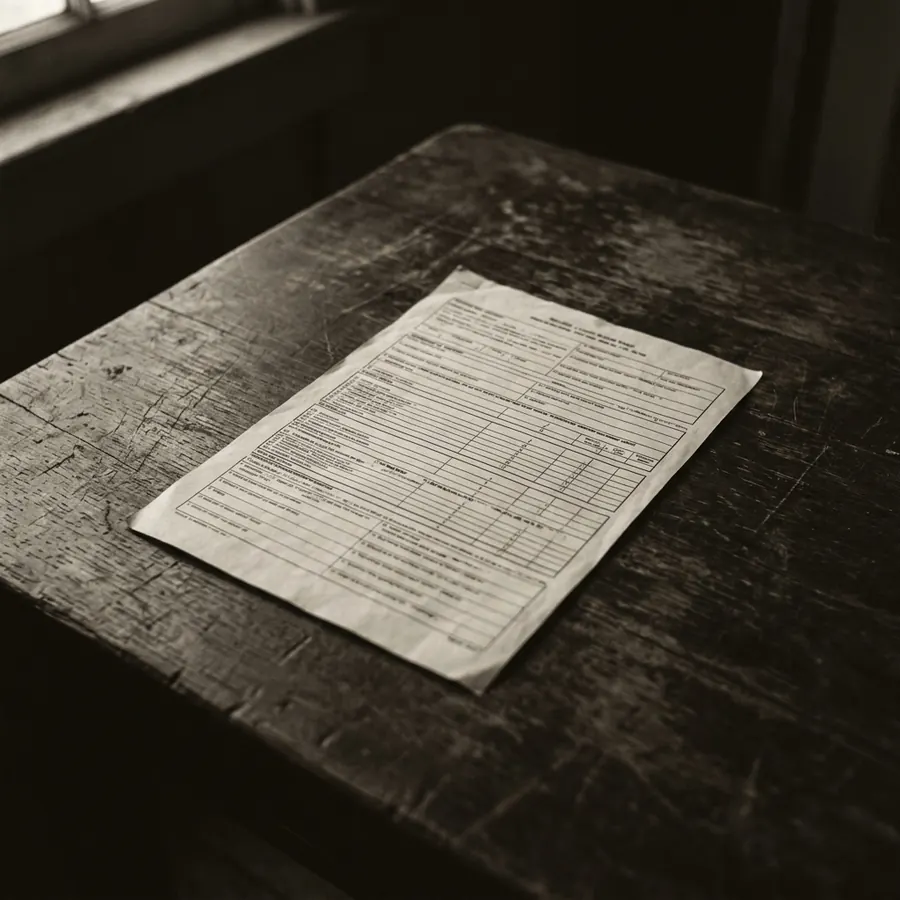 A single printed form on a dark table